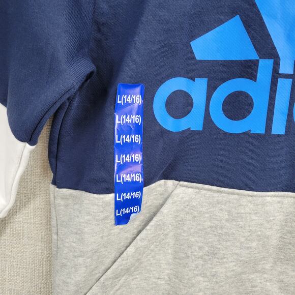 Adidas Youth Hoodie Size L 14/16 Navy Grey‎ Spell Out Logo Fleece Pullover NEW - Picture 13 of 14